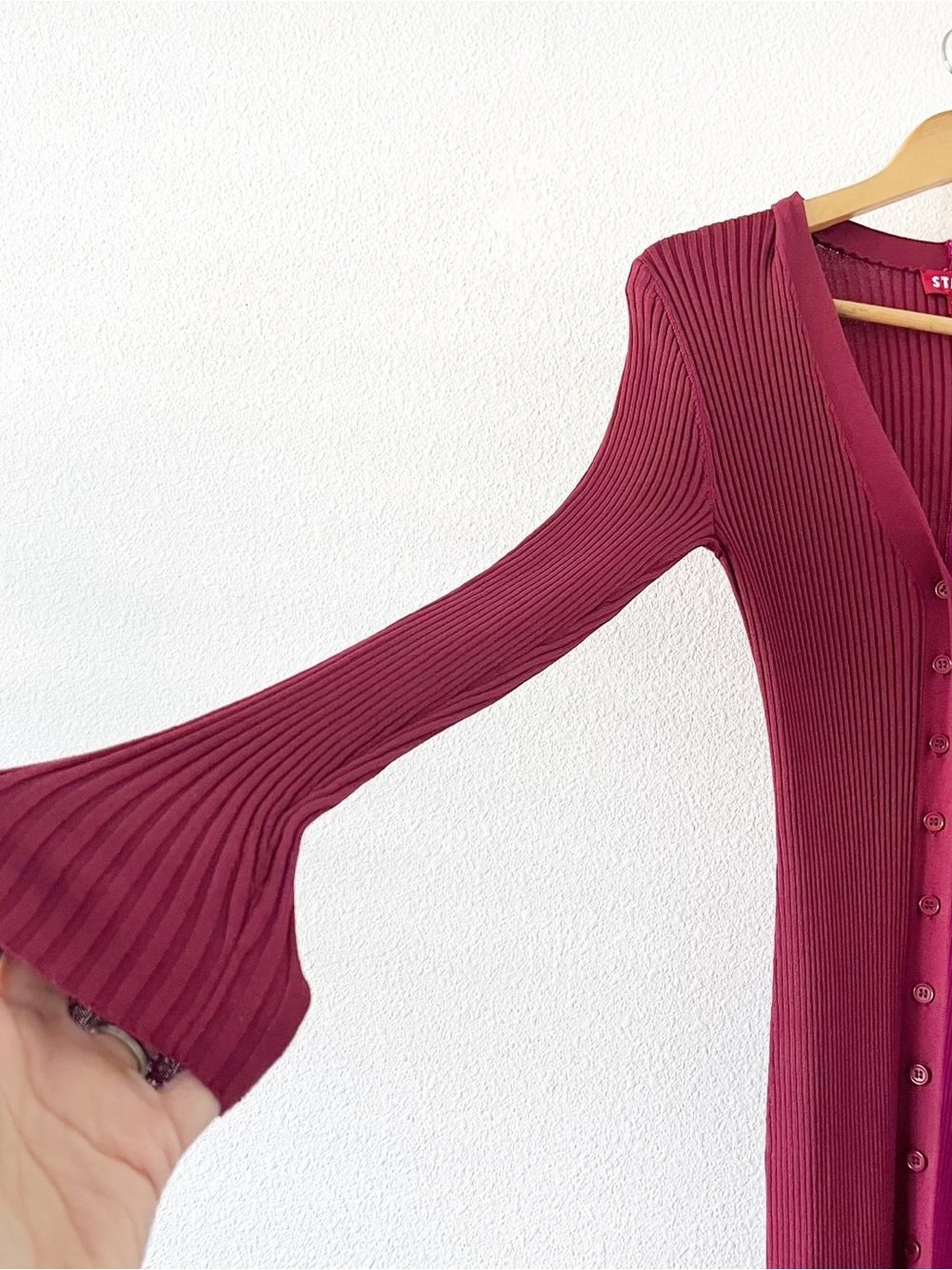 STAUD Shoko Colorblock Rib Knit Fuchsia Bordeaux Button Down Midi Cardigan Dress - Picture 5 of 9